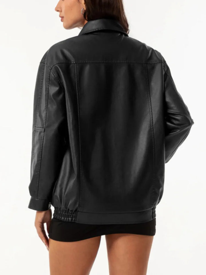 Drop Shoulder Zip Up PU Cropped Leather Jacket