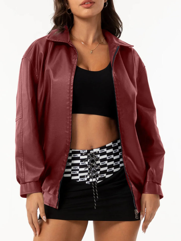 Drop Shoulder Zip Up PU Cropped Leather Jacket