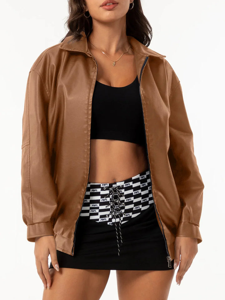 Drop Shoulder Zip Up PU Cropped Leather Jacket