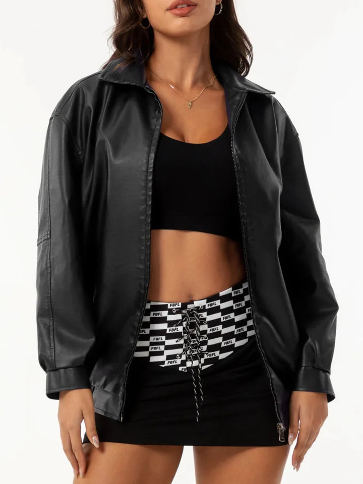 Drop Shoulder Zip Up PU Cropped Leather Jacket