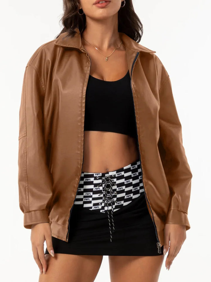 Drop Shoulder Zip Up PU Cropped Leather Jacket