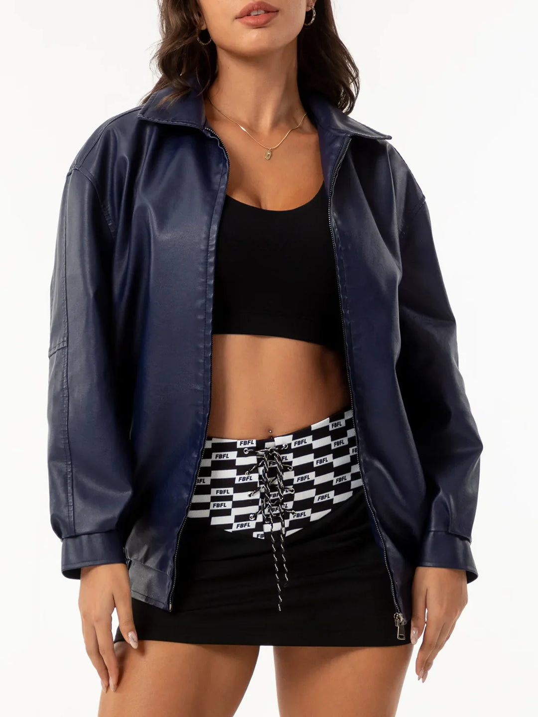 Drop Shoulder Zip Up PU Cropped Leather Jacket